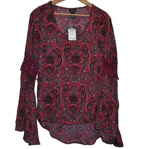 Deadstock Y2K Rue21 Red Paisley Bell Sleeve Crochet Lace Boho V-Neck Blouse SZ S